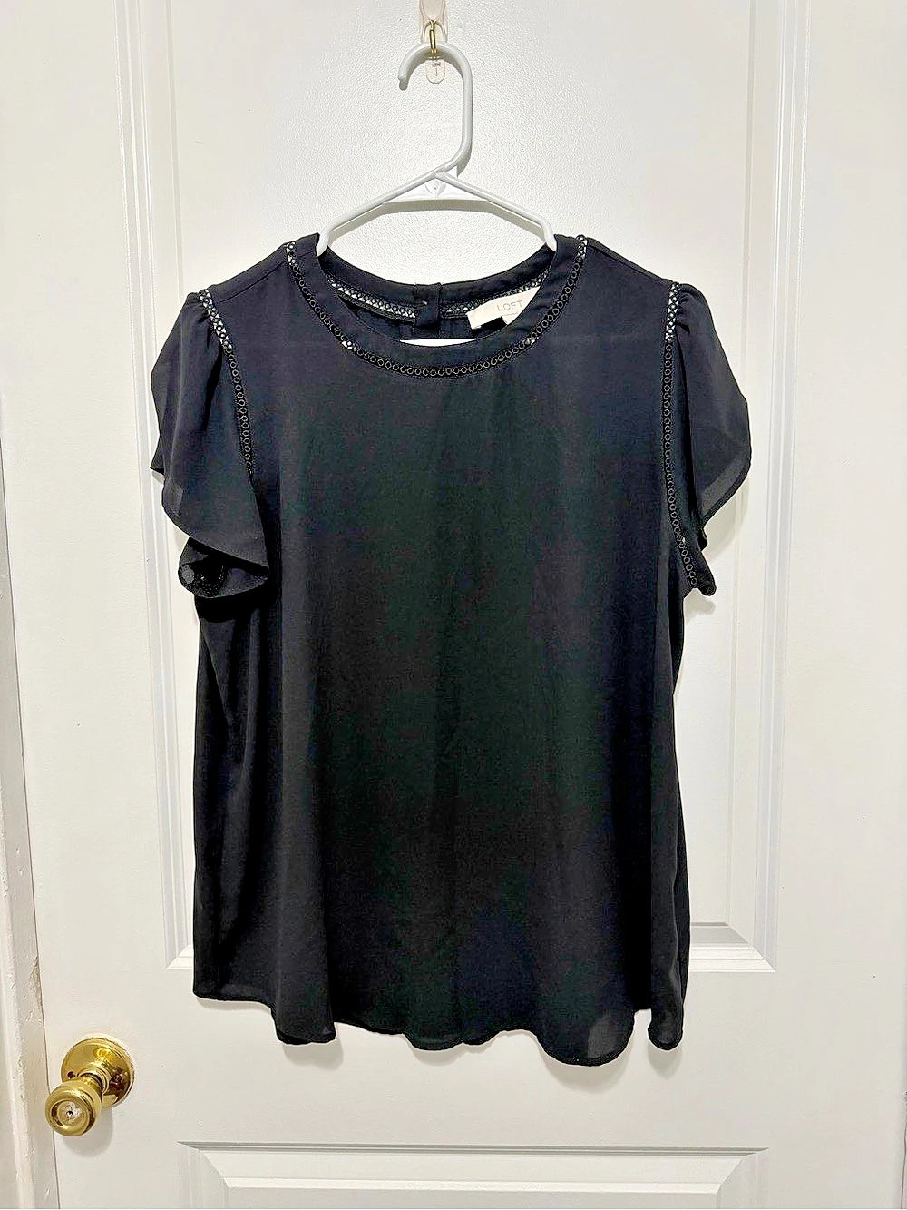 LOFT Crochet Yoke Flutter-Sleeve Blouse Black Size Small